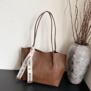Women Large Capacity PU Leather Tote Bag Minimalist Letter Ribbon Shoulder Bag For Commute Daily Street Style Large Handbag