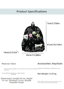 Size chart for cute black fabric backpack with dimensions 34x41x14cm and star pendant