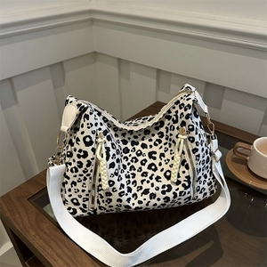 Women's Leopard Print Canvas Tote Bag Large Capacity Casual Shoulder Bag Trendy Commuter Crossbody Bag With Wide Strap