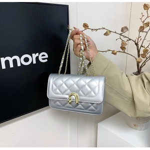 Detail of silver quilted texture and gold U-shaped metal buckle on the chain crossbody bag