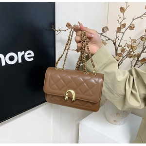 Detail of brown quilted leather bag featuring a gold U-shaped buckle and chain strap
