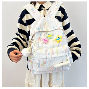 Detail of white nylon backpack with embroidered lines and colorful plush star patches