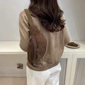 Minimalist brown corduroy crossbody chest bag for autumn with high capacity and metal zippers