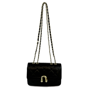 Elegant black quilted leather shoulder bag with gold chain strap and unique U-shaped lock