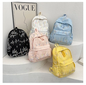 Detailed display of cute textured backpacks in black, white, blue, pink, and yellow colors