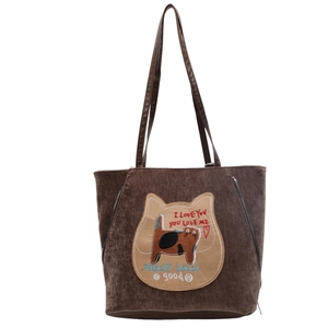 Brown corduroy tote bag with cat patch embroidery and decorative side zippers