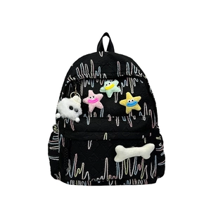 Black school backpack with colorful wave embroidery and cute plush star pendants