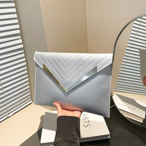Fashion PU Leather Envelope Clutch Bag With V-Shaped Metal Trim Chevron Stitching Large Capacity Handbag For Party Evening