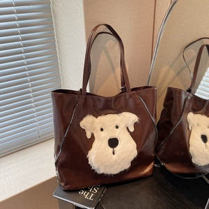 Cute Cartoon Schnauzer Plush Patch PU Leather Tote Bag For Women Large Capacity Casual Shoulder Bag Fashion Streetwear Handbag