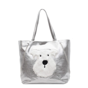 Silver metallic tote bag with cute cartoon dog patch and decorative zippers for women