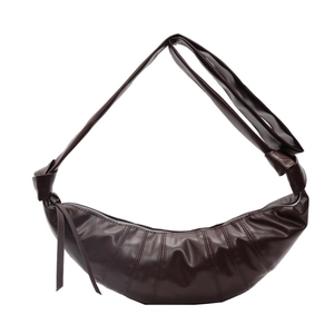 Minimalist dark brown croissant shoulder bag with pleated faux leather and knotted strap