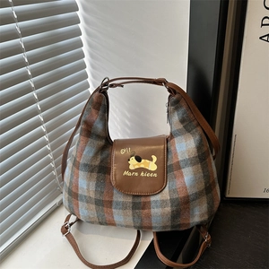 Vintage Checkered Canvas Tote Bag With Cartoon Dog Print Leather Trim Large Capacity Shoulder Hobo Bag For Women Daily Work