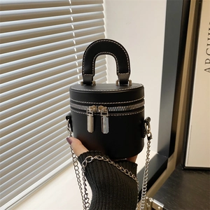 Niche PU Leather Mini Cylindrical Bucket Bag For Women Chic Contrast Stitching Chain Shoulder Crossbody Bag Fashion INS Style
