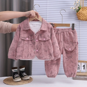 Kids Girls Corduroy Jacket Cotton T-Shirt Pants Marble Printed Outfits Spring Autumn Toddler Fashion Boutique Clothing