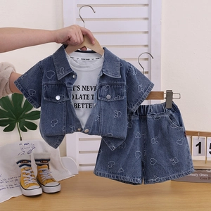 Toddler Kids Summer Denim Three-Piece Set Cotton Short Sleeve Jacket Printed T-Shirt And Shorts Heart Bunny Pattern Casual Outfit