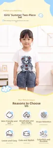 Detail of girls' summer outfit featuring a teddy bear tee and floral denim shorts