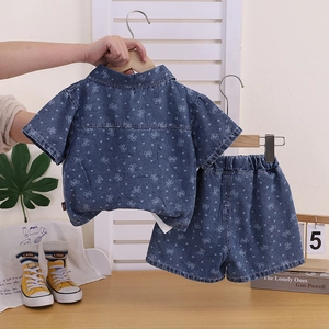 Ensemble trois pièces en denim pour filles avec motifs nœuds blancs et short