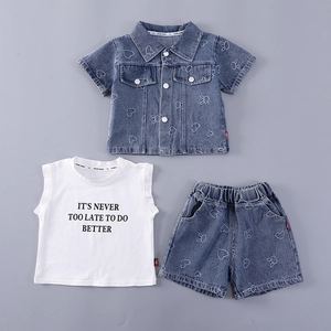 Toddler 3-piece denim set with rabbit heart patterns, short sleeve shirt and shorts