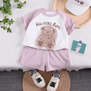 Ensemble T-Shirt et Short d'Été en Coton pour Enfants avec Imprimé Ours de Dessin Animé Tenue Deux Pièces pour Garçons Filles