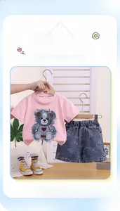 Close-up of pink girls' cotton T-shirt featuring a cute plush 3D teddy bear embroidery