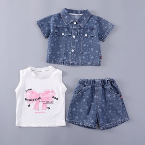 Ensemble d'été 3 pièces pour filles avec chemise en jean, short et débardeur blanc