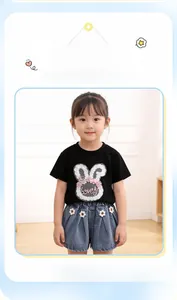 Dettaglio del set estivo da bambina con ricamo di coniglio e bottoni a margherita