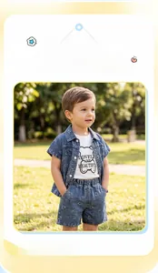 Detail of children's denim summer set featuring jacquard short sleeve shirt and shorts