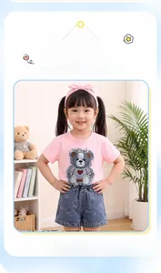 Detail of pink cotton T-shirt featuring a large plush bear patch with denim shorts
