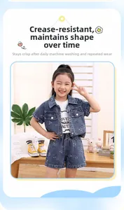Detail of girls denim short sleeve set with cute bear print and wrinkle-resistant fabric