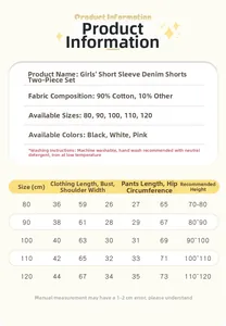 Detailed size chart for girls' cotton short sleeve and denim shorts two-piece summer set