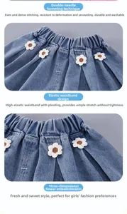 Dettaglio gonna di jeans per bambine con vita elastica e decorazioni floreali 3D