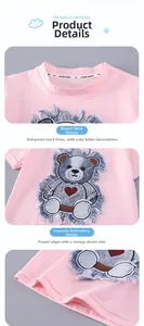 Detail of pink cotton girl's t-shirt showing crew neck and plush bear embroidery