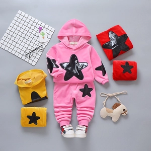 Toddler Girls Hooded Long Sleeve Cotton Star Print Sweatshirt And Pants Two Piece Set Casual Kids Winter Fall Clothing