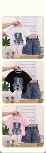 Detailed view of girls' teddy bear embroidered t-shirt and bear print denim shorts set