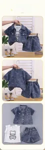 Three-piece denim set with cartoon bear print short-sleeved shirt, t-shirt, and shorts