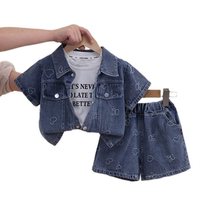 Toddler 3-piece denim set with rabbit heart print jacket white t-shirt and shorts