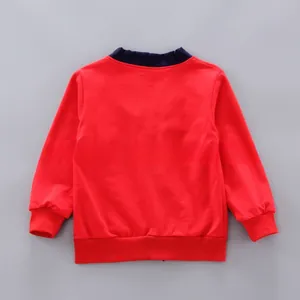 Back view of red cotton hoodie with dark blue collar and ribbed cuffs for boys