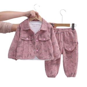Girls 2-piece corduroy set featuring a pink marble pattern jacket and matching pants