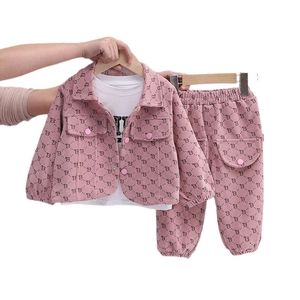 Toddler girls' pink corduroy three-piece suit with monogram jacket, pants and white tee