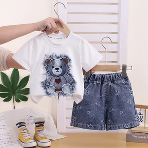 Girls Summer Casual Clothing Bear Patch Short Sleeve T-Shirt And Denim Shorts Top And Pants For Kids