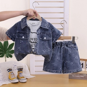 Toddler Kids Denim 3-Piece Set Summer Short Sleeve Jacket Cartoon Bear Print T-Shirt And Shorts Korean Style Casual Outfit