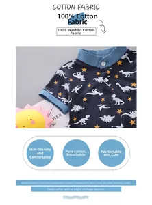 Detail of boys cotton POLO shirt featuring dinosaur print and ribbed collar design