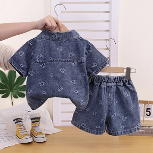 Kids denim summer set with cartoon bear print short sleeve shirt and shorts