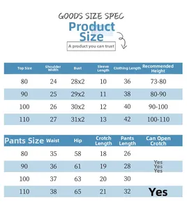 Detailed size chart for boys leaf print shirt set with top and bottom measurements