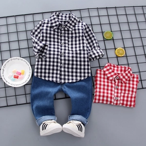 Completo da Bambino Due Pezzi Camicia a Quadri a Maniche Lunghe e Pantaloni di Denim Set Casual Stile Coreano Primavera Autunno