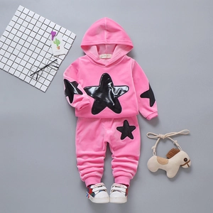 Pink velvet hooded sweatshirt and pants set for girls with black star patches and soft shoes
