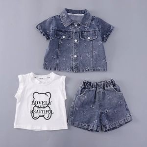 Three-piece denim summer set for girls with bear pattern short sleeve shirt and shorts
