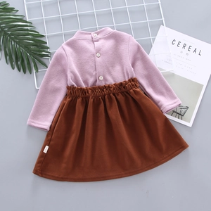 Girl knit long sleeve dress set with bow-knot and contrast pleated skirt in pink brown