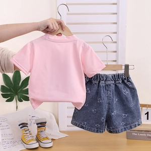 Pink short sleeve T-shirt and bear print denim shorts set for toddler girls summer casual wear