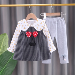 Ensemble Deux Pièces Doux en Coton pour Bébé Fille Haut à Manches Longues Floral Faux Deux Pièces et Pantalon Gris Assorti Tenue Quotidienne